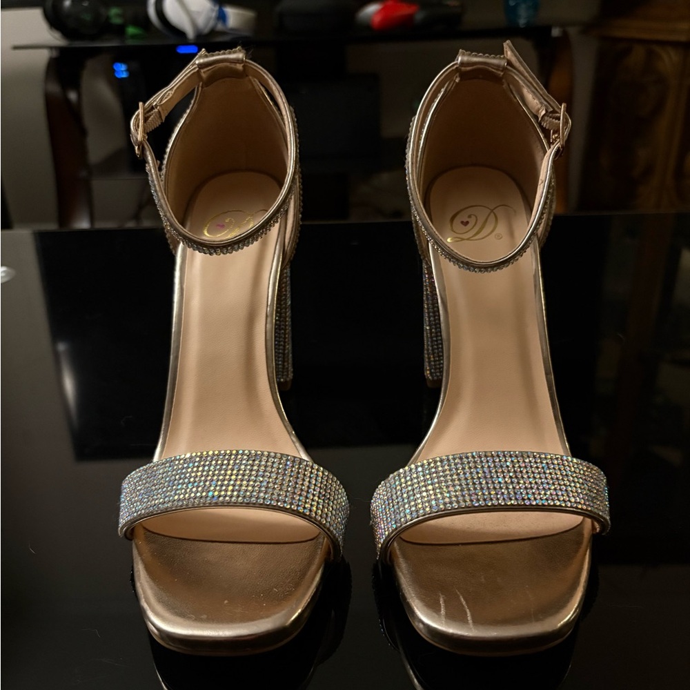 Women's Rose Gold Rhinestone Ankle-Strap Heels